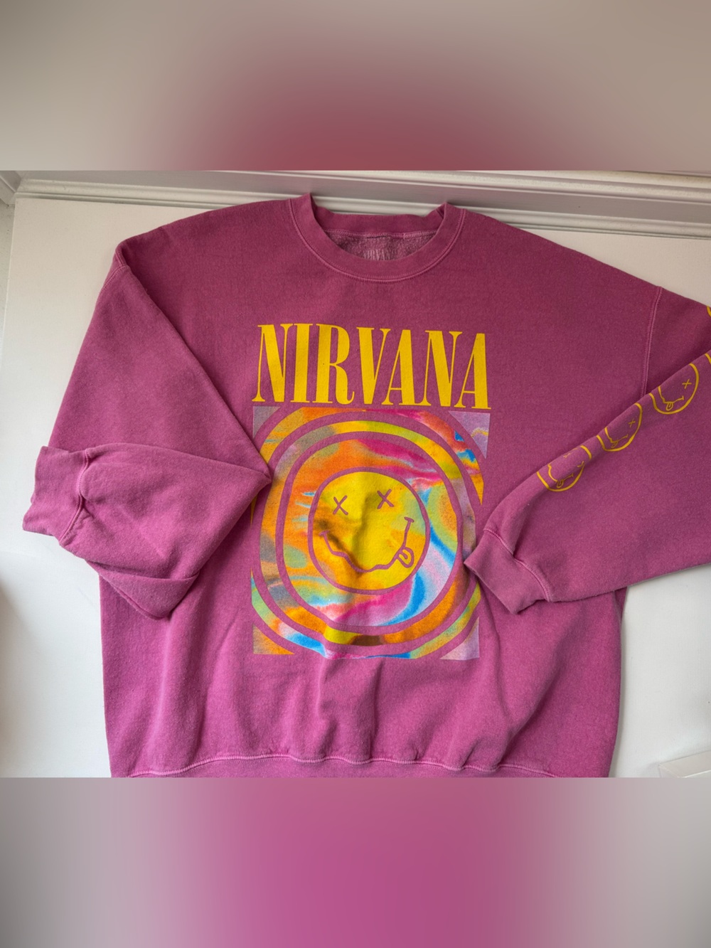 Urban Outfitters Nirvana Oversized Crewneck Sweatshirt Pink Purple Graphic S/M